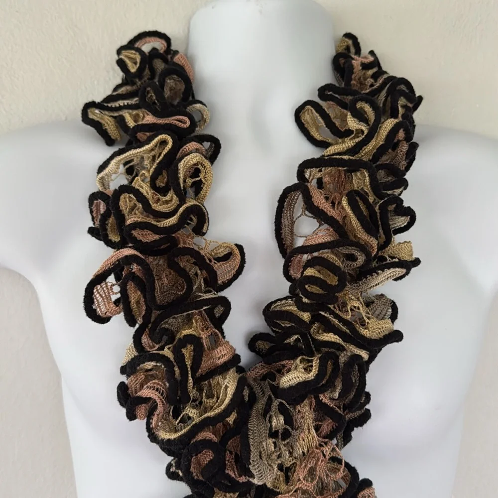 Handmade tan pink black woven crochet lace textured neck scarf one size